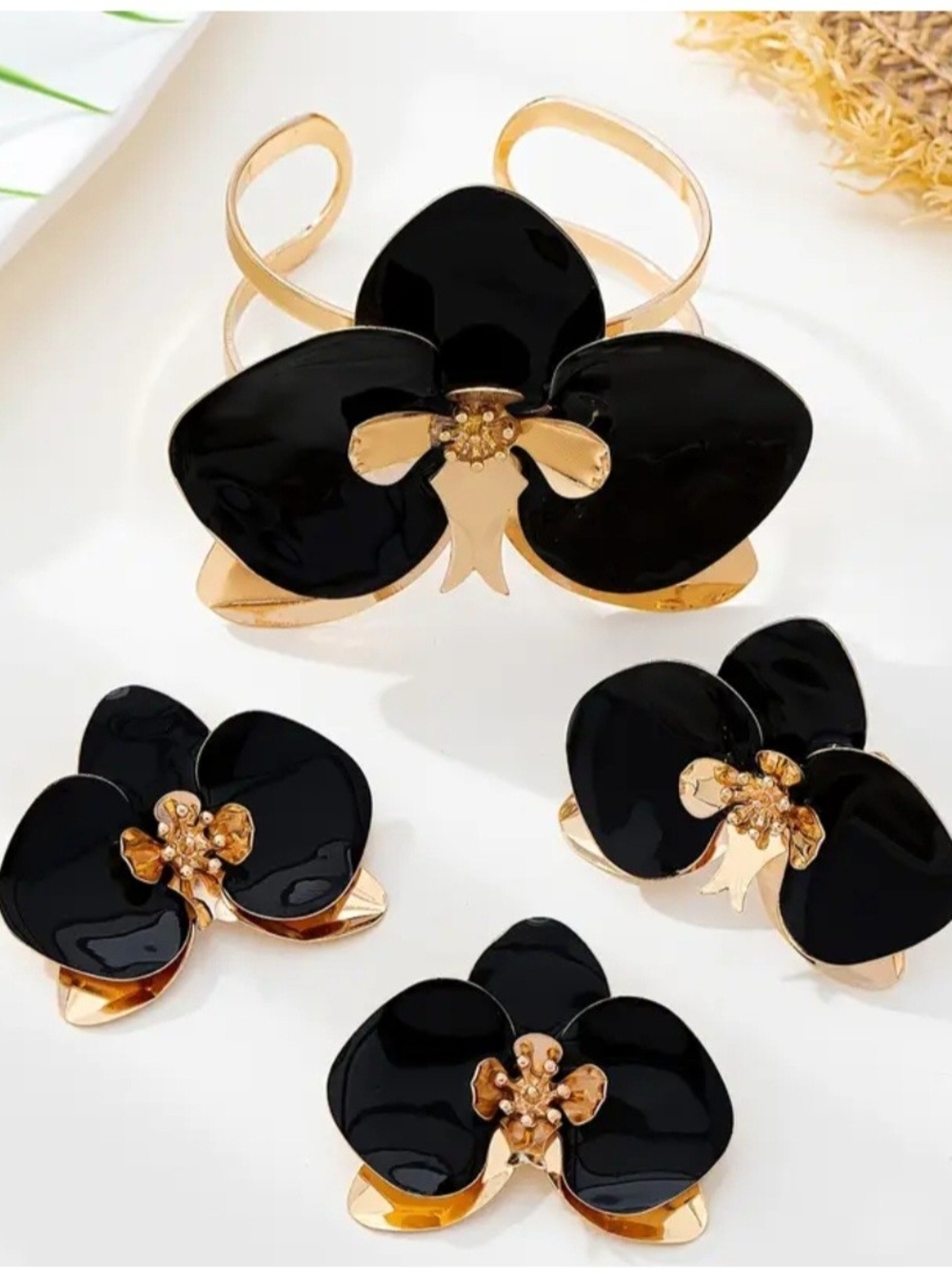 3 Pcs - Black/Orchid Floral Cuff Bracelet and Ring & Earrings Set